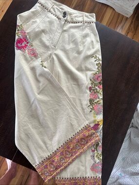 Aratta Beige Wide-Leg Embroidered Hem Chinos NEW WITHOUT TAGS